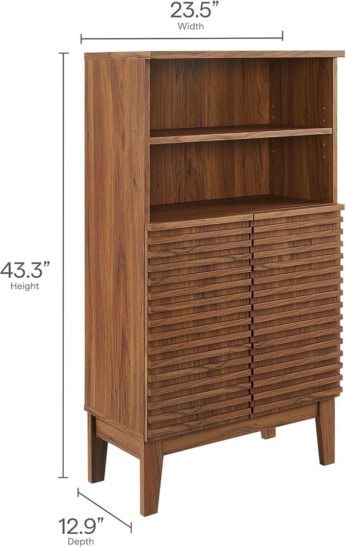 Modway Render Freestanding Bathroom Storage Cabinet in Walnut - 43 Inch Linen or Towel Cabinet with Slatted Doors