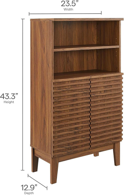 Modway Render Freestanding Bathroom Storage Cabinet in Walnut - 43 Inch Linen or Towel Cabinet with Slatted Doors