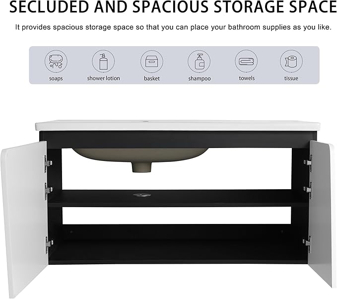 40 Inch Bathroom Vanity with Sink, 40" Floating Bathroom Vanity, Plywood Wooden Cabinet with Soft Close Doors, Modern Wall Mounted Cabinet Set, Ceramic Sink Included