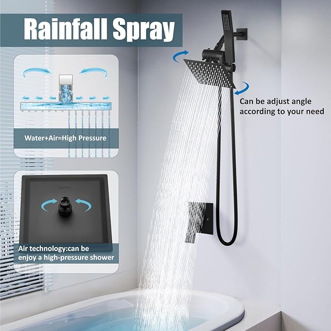 Aolemi Shower Head and Handle Set with Handheld Spray Bathroom Shower Faucet Set 6 Inch Rainfall Shower Head System Wall Mount with Rough-in Valve and Shower Trim Kit Matte Black