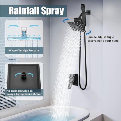 Aolemi Shower Head and Handle Set with Handheld Spray Bathroom Shower Faucet Set 6 Inch Rainfall Shower Head System Wall Mount with Rough-in Valve and Shower Trim Kit Matte Black