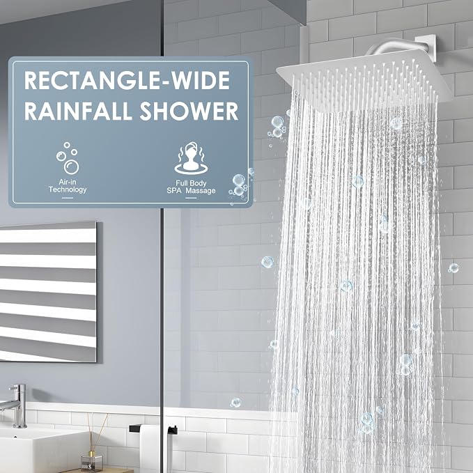 12x8 Inch Rectangle Rain Shower Head Brusehd Nickel, All Metal Stainless Steel 304, Full Body Rainfall Shower with 112 Silicone Nozzles, Ceiling Rain Showerheads