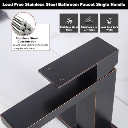 Oil Rubbed Bronze Bathroom Faucet 1 Hole, Stainless Steel Single Hole Bathroom Sink Faucet with Pop Up Drain, Bronze Lavatory Sink Faucet AML-1141-ORB