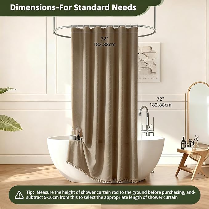 Siiluminisoy Boho Farmhouse Shower Curtain Woven Fabric Khaki Shower Curtain, 72 x 72 Tufted Chevron Textured Striped Modern Farmhouse Minimalist Shower Curtain for Bathroom