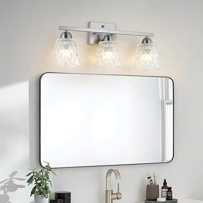 Mecgirn Stainless Steel Bathroom Vanity Light Over Mirror, 3 Light Brushed Nickel Bathroom Light Fixtures with Textured Glass Shades, Modern Vanity Lighting Wall Mount