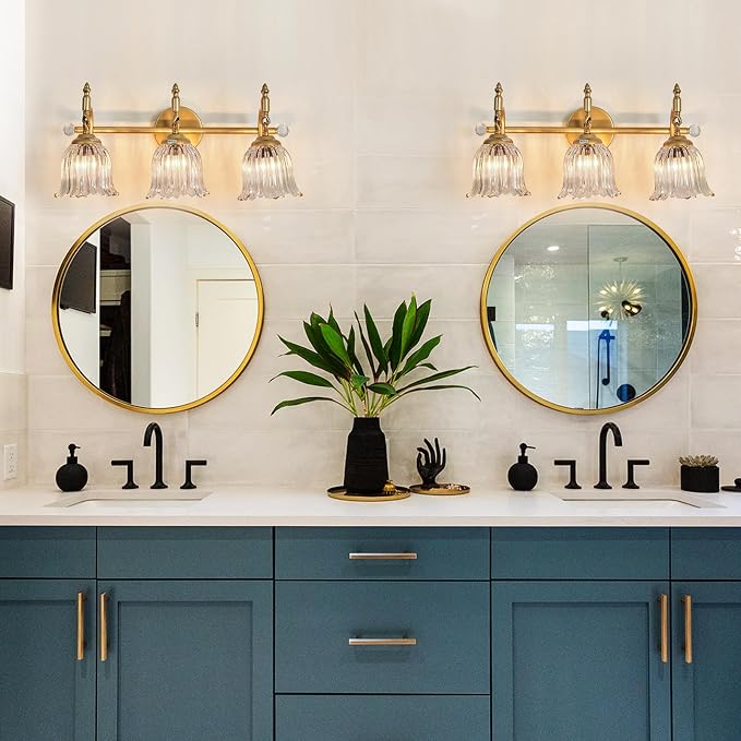 CVKASH 3-Light Bathroom Vanity Light Fixtures Over Mirror,Brushed Gold Modern Vanity Lights with Glass Shade Vintage Wall Sconce for Bedroom Dressing Room Living Room Hallway Cabinet
