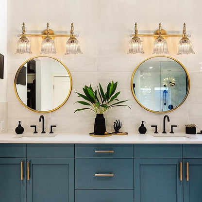 CVKASH 3-Light Bathroom Vanity Light Fixtures Over Mirror,Brushed Gold Modern Vanity Lights with Glass Shade Vintage Wall Sconce for Bedroom Dressing Room Living Room Hallway Cabinet