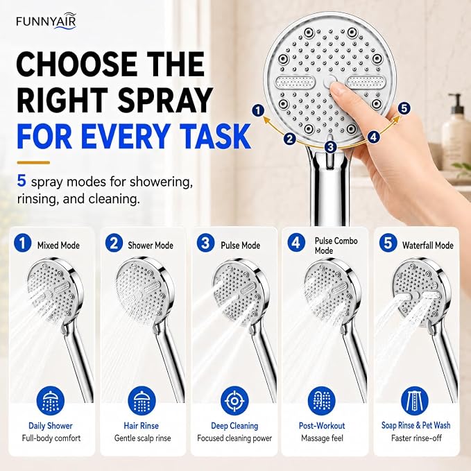 High Pressure Shower Head, Stick-on Low Mount Wall Bracket, Chrome | 5 Spray Modes, Water-Saving, 360° Adjustable Bracket, For Low Water Pressure Home, RV, Bathroom, Fix Firmly Kid-Friendly