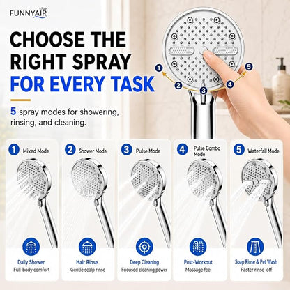 High Pressure Shower Head, Stick-on Low Mount Wall Bracket, Chrome | 5 Spray Modes, Water-Saving, 360° Adjustable Bracket, For Low Water Pressure Home, RV, Bathroom, Fix Firmly Kid-Friendly