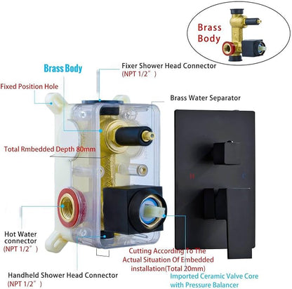 SaniteModar Shower Faucet Set 8 Inch, Matte Black Shower System | Rainfall Shower Head with Handheld Combo Spray, High Pressure Shower Combo Set Included Brass Valve and Trim kit