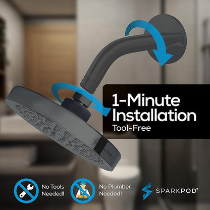 SparkPod 6" Rain Shower Head High Pressure w/ 6" Shower Arm, Charcoal Grey | High Pressure Shower Heads, 90 Nozzles, Adjustable Showerhead, No Tools Needed, Universal Connection, Gain Space & Style