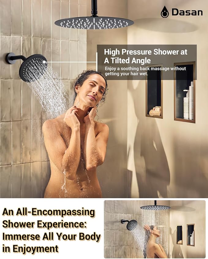 Dasan Rainfall Full Body Shower Faucet System with 12'' Round Shower & 6'' Shower Head,Matte Black Dual Shower Head Faucets Set with Handheld & Valve, Double Shower Head System for Couples/ 2-Person