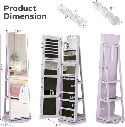 CHARMAID 360° Swivel Jewelry Armoire with Full Length Mirror, Rear Storage Shelves, Lockable Standing Jewelry Cabinet Organizer with Interior Vanity Mirror and 3-Color Lights (Lavender)