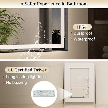 Keonjinn 40x30 Inch Black LED Bathroom Mirror with Lights, Beveled Edge | Frontlit & Backlit, Lighted Bathroom Mirror, HD Tempered Glass, 3 Color Temperatures, Anti-fog, Stepless Dimmable