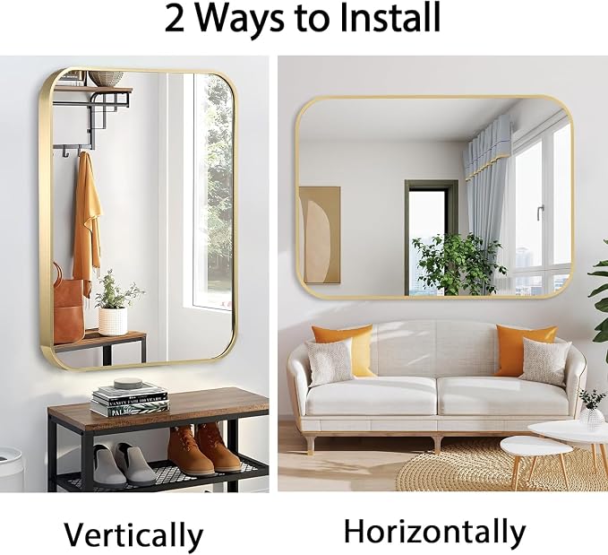 24x32 Inch Gold Bathroom Mirror, Brushed Brass Gold Metal Framed Rectangular Mirror with Rounded Corner, Bathroom Vanity Mirror for Bedroom or Living Room, Horizontal/Vertical