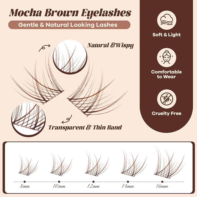 B&Q Brown Lash Clusters Natural Lash Clusters for Light Hair, Reusable MochaLash Cluster Eyelash Extensions Soft Brown False Eyelashes Comfortable Eyelash Clusters Perfect for Occasions（MochaLash 01）