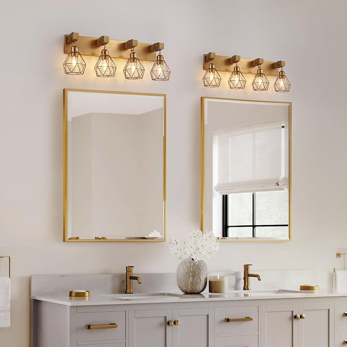 maesta 4 Light Bathroom Vanity Light, Farmhouse Gold Fixture Over Mirror | Farmhouse Bathroom Light Fixtures, Wood & Metal, Anti-Rust, Easy to Install for Rustic Bathroom Hallway