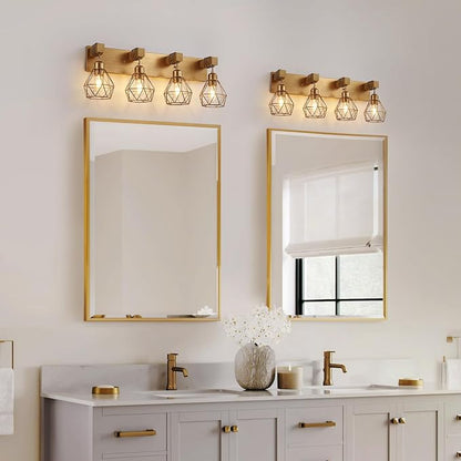 maesta 4 Light Bathroom Vanity Light, Farmhouse Gold Fixture Over Mirror | Farmhouse Bathroom Light Fixtures, Wood & Metal, Anti-Rust, Easy to Install for Rustic Bathroom Hallway