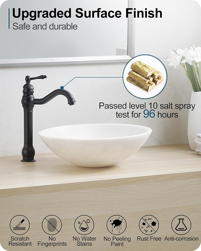Matte Black Bathroom Faucet, Brass Tall Bathroom Sink Faucet Single Handle, 360 Degree Swivel Vessel Faucet, Bathroom Faucets One Hole with Aerator & Supply Hoses for Shopping Malls Saving Water