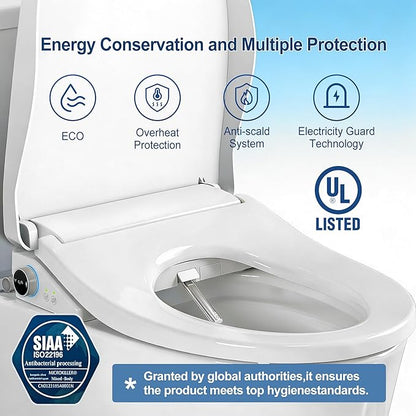 Electric Smart Bidet Toilet Seat with Remote Control, Heated Seat, Instant Warm Water & Air Dryer, Advanced Safety Features, Stainless Steel Nozzle, Slow Close Lid, Silent, Elongated, White