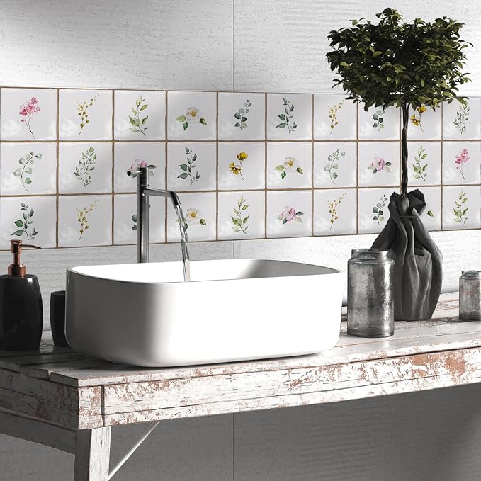 Alwayspon Vinyl Sticker Peel and Stick, Self-Adhesive Wall Tile Transfers Backsplash Sticker Decal for Kitchen Bathroom, 6x6inch/15x15cm 30Pcs, Leaves T031