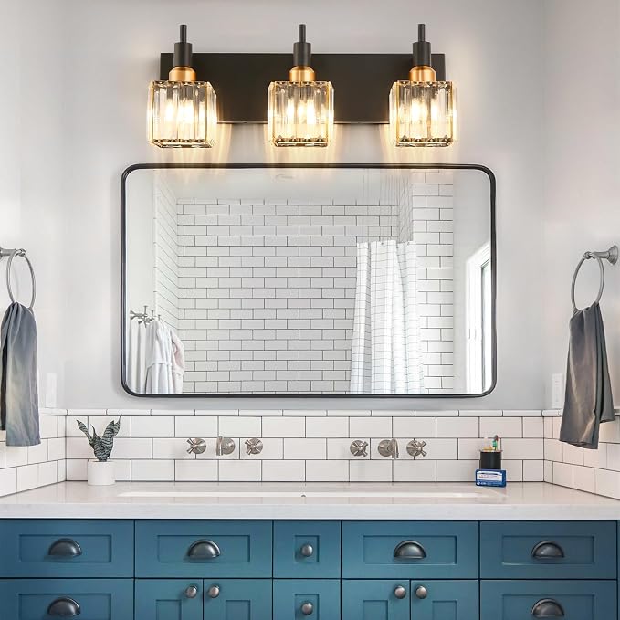 Modern Crystal Bathroom Vanity Light 3-Light Brass Wall Light Fixtures Over Mirror Black and Gold Vanity Lighting for Bathroom Square Shade Brass Wall Sconce