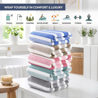 JML Bath Towels, 2 Pack, 27x55 in, Microfiber, Stripe Brown | Soft, Super Absorbent, Quick Dry, Lint-Free, Lightweight Bathroom Towel with Hanging Loop for Daily Use