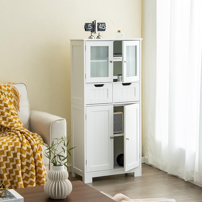 GIANTEX Floor Storage Cabinet, Freestanding Bathroom Cabinet with 2 Glass Doors, 2 Drawers & Adjustable Shelves, Multifunctional 50.5” Tall Storage Organizer Cupboard for Kitchen Living Room, White