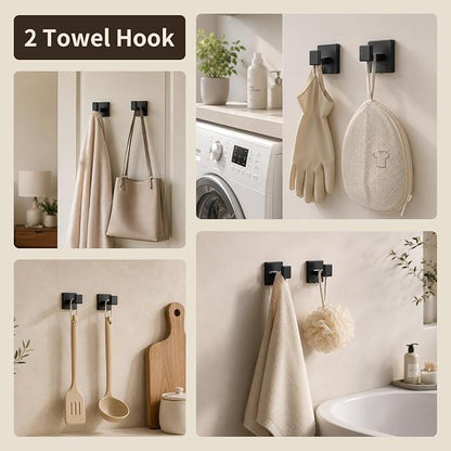 9 Piece Matte Black Bathroom Hardware Set, 24 Inch Double Towel Bar with Removable Hooks, SUS304 Stainless Steel Wall Mounted Heavy Duty Rustproof Accessories for Bathroom Kitchen