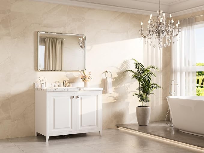 Brushed Nickel Mirrors for Wall 40 x 30 Beveled Edge Tempered Glass, Rounded Corner Rectangle Framed Mirror for Modern Bathroom, Living Room, Bedroom, Entryway