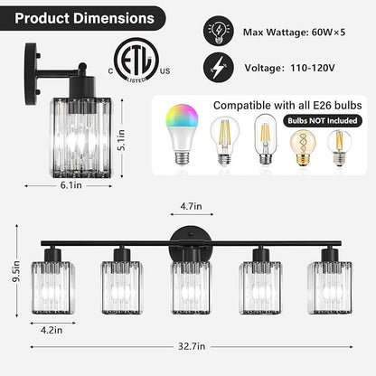 5 Light Bathroom Light Fixtures, Modern Crystal Vanity Lights over Mirror | Metal Frame, Bathroom Light with Square Crystal Shade, ETL Certified, E26 Ceramic Socket, Bulbs Not Included