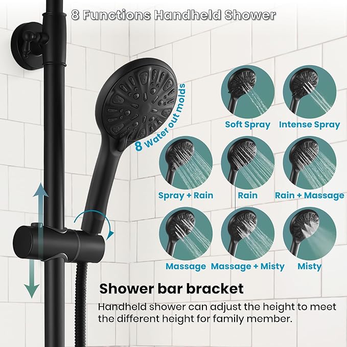 gotonovo Exposed Shower Faucet Set 8 Inch Rainfall Showerhead 3-Function Shower Fixture with Tub Spout 2 Corss Handles Shower System, Matte Black