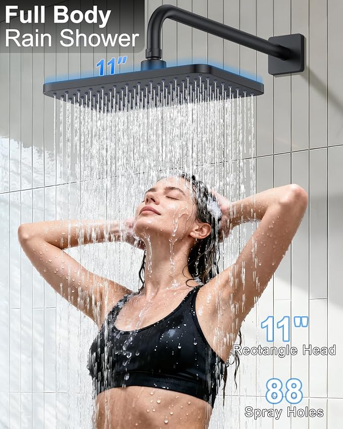 Matte Black 11-Inch Rainfall Shower System – Premium Filtered Handheld Sprayer & Fixed Shower Head, Complete Bathroom Set Faucet Mixer Trim & Valve
