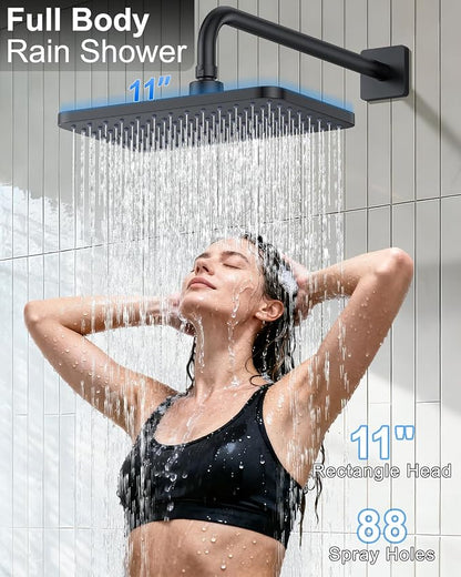 Matte Black 11-Inch Rainfall Shower System – Premium Filtered Handheld Sprayer & Fixed Shower Head, Complete Bathroom Set Faucet Mixer Trim & Valve