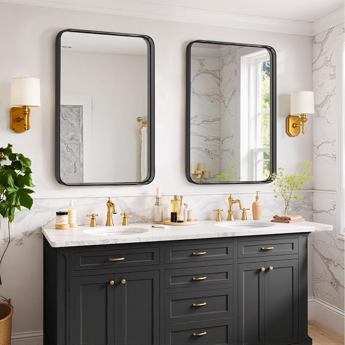 Bathroom Mirror 30x22 Inch Black Metal Frame Rectangle Vanity Mirror | Modern Wall Mounted Anti-Rust Mirror with Rounded Corners for Farmhouse, Restroom, Entryway, Horizontal or Vertical Hanging