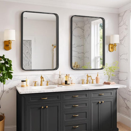 Bathroom Mirror 30x22 Inch Black Metal Frame Rectangle Vanity Mirror | Modern Wall Mounted Anti-Rust Mirror with Rounded Corners for Farmhouse, Restroom, Entryway, Horizontal or Vertical Hanging