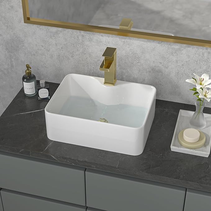Sarlai Vessel Sink Rectangular - 19"x15" Modern Bathroom Vessel Sink Rectangle Above White Porcelain Ceramic Vessel Vanity Sink Art Basin with Faucet Hole