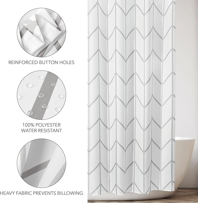mDesign Fabric Geometric Shower Curtain - Herringbone Chevron Print with Reinforced Buttonholes for Master/Guest Bathroom - Machine Washable & Water Resistant Curtains, 72" x 72", Gray/White