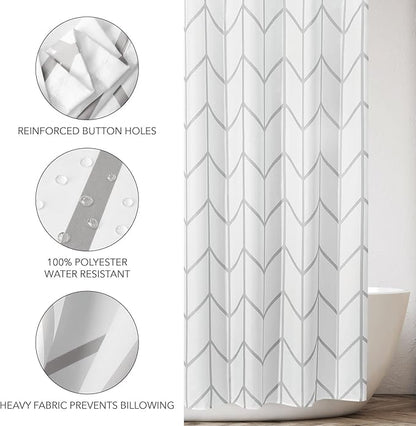 mDesign Fabric Geometric Shower Curtain - Herringbone Chevron Print with Reinforced Buttonholes for Master/Guest Bathroom - Machine Washable & Water Resistant Curtains, 72" x 72", Gray/White