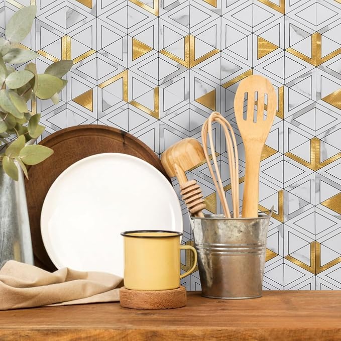 DICOFUN 10-Sheet White Marble Look Triangle Mosaic Tiles Peel and Stick Backsplash for Kitchen, PVC Mixed Metal Gold Chevron Stick on Backsplash Wall Tiles