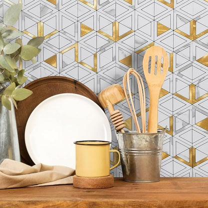 DICOFUN 10-Sheet White Marble Look Triangle Mosaic Tiles Peel and Stick Backsplash for Kitchen, PVC Mixed Metal Gold Chevron Stick on Backsplash Wall Tiles
