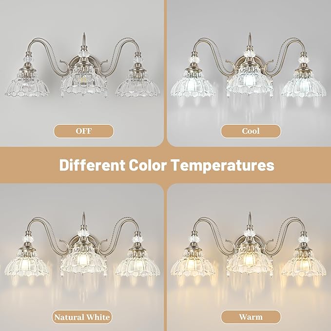 Brushed Nickel Bathroom Vanity Light, 3-Light Nickel Finish Wall Sconce with Hanging Crystal Accents and Flower-Shaped Clear Glass Shades, Modern Wall Mount Vanity Light Over Mirror for Bathroom