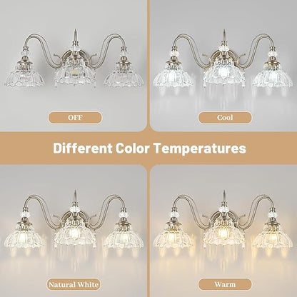 Brushed Nickel Bathroom Vanity Light, 3-Light Nickel Finish Wall Sconce with Hanging Crystal Accents and Flower-Shaped Clear Glass Shades, Modern Wall Mount Vanity Light Over Mirror for Bathroom