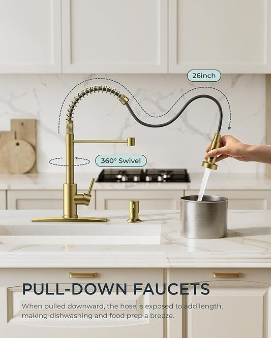 FORIOUS Gold Kitchen Faucet with Pull Down Sprayer, Stainless Steel Commercial Single Handle Classic Spring Pull Out Sink Faucet for Pot Filler, Farmhouse Camper Bar Laundry Room