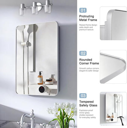 16x24 in Bathroom Medicine Cabinet with Mirror, Matte Silver | Fully Assembled; Recessed or Surface Wall Mount; Metal Cabinet with Tempered Glass Mirror and Two Adjustable Glass Shelves