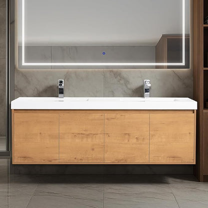 Blossom 60 Inch Wall Mounted Bathroom Vanity with Sink | Floating Wood Vanity Cabinet | Modern Soft-Close Doors & Storage | Space-Saving Design (Classic Oak, 60'' Acrylic Double Sink)