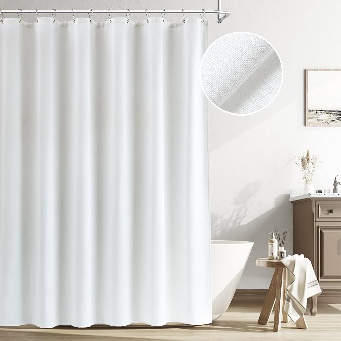 White Linen Shower Curtain, Cloth Textured Fabric Shower Curtain Set with Hooks, Simple Elegant Modern Farmhouse Country Ultra Thick Bath Curtains for Bathroom,Water Repellent,72x72