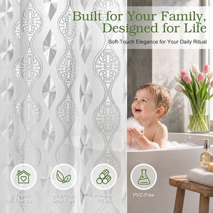 EurCross Long Translucent Textured Shower Curtain with 3 Heavy Duty Magnets, PVC-Free Excellent Hand Feel PEVA Frosted Paisley Pattern Design 110g/m2 Weighted Shower Curtain Liner Length 78 inch