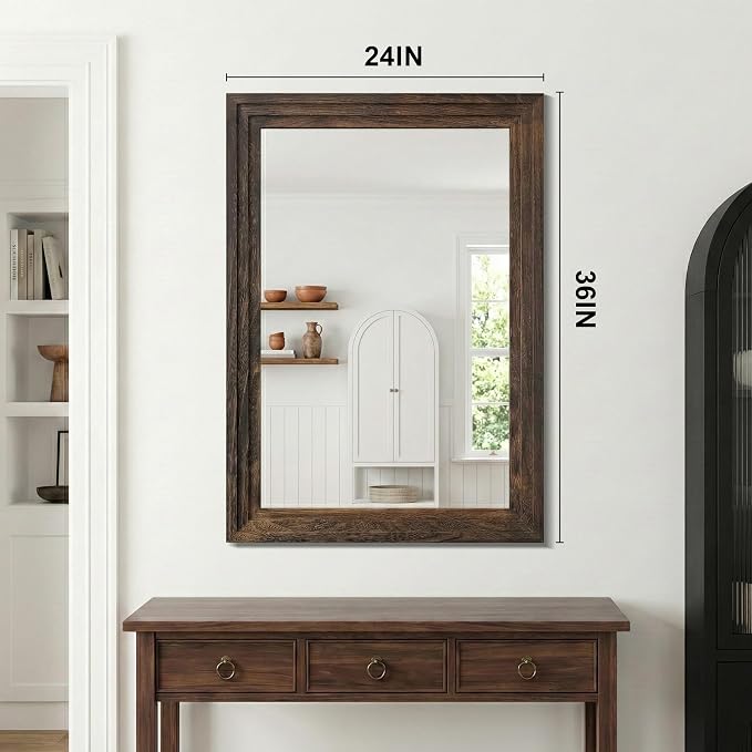 Farmhouse Rustic Wood Framed Bathroom Vanity Mirror for Wall, 24x36, Brown | Recessed Stepped Solid Wood Frame, HD Shatterproof Glass, Vertical/Horizontal Mount, for Bathroom Sink, Living Room, Entryway