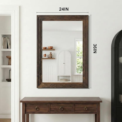 Farmhouse Rustic Wood Framed Bathroom Vanity Mirror for Wall, 24x36, Brown | Recessed Stepped Solid Wood Frame, HD Shatterproof Glass, Vertical/Horizontal Mount, for Bathroom Sink, Living Room, Entryway
